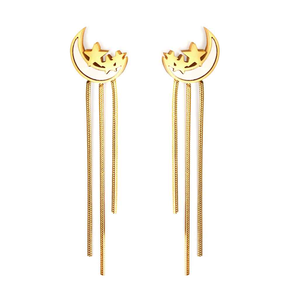 Stainless Steel White Shell Moon + Star with Length and Short Chain Earrings
