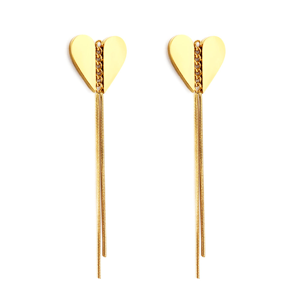 Stainless Steel Heart Stud Chain Fringe Earrings