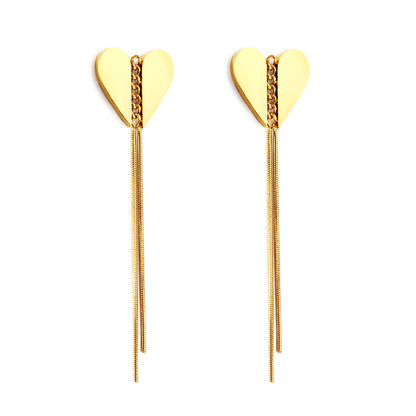Stainless Steel Heart Stud Chain Fringe Earrings