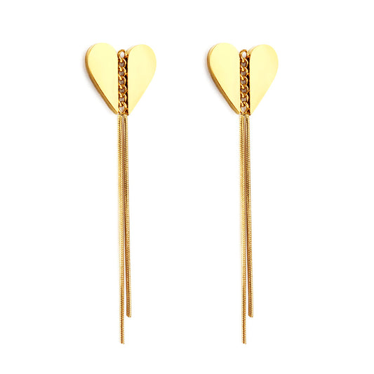Stainless Steel Heart Stud Chain Fringe Earrings