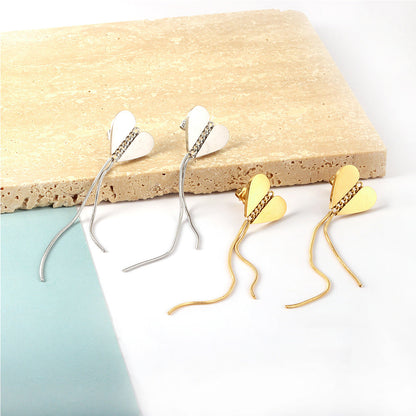Stainless Steel Heart Stud Chain Fringe Earrings