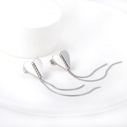 Stainless Steel Heart Stud Chain Fringe Earrings