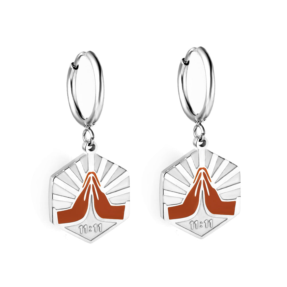 Stainless Steel Circle with Champagne Hexagonal Double Palms Earrings