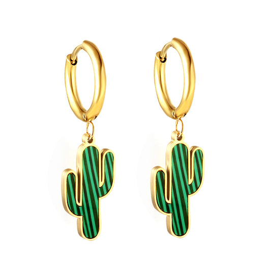 girls jewelry Stainless Steel 18k Gold Plated Green Cactus Kids Earrings