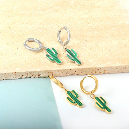 girls jewelry Stainless Steel 18k Gold Plated Green Cactus Kids Earrings