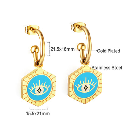 Stainless Steel Half Circle Steel Ball with Hexagon Blue Eyes girls jewelry Kids Earrings