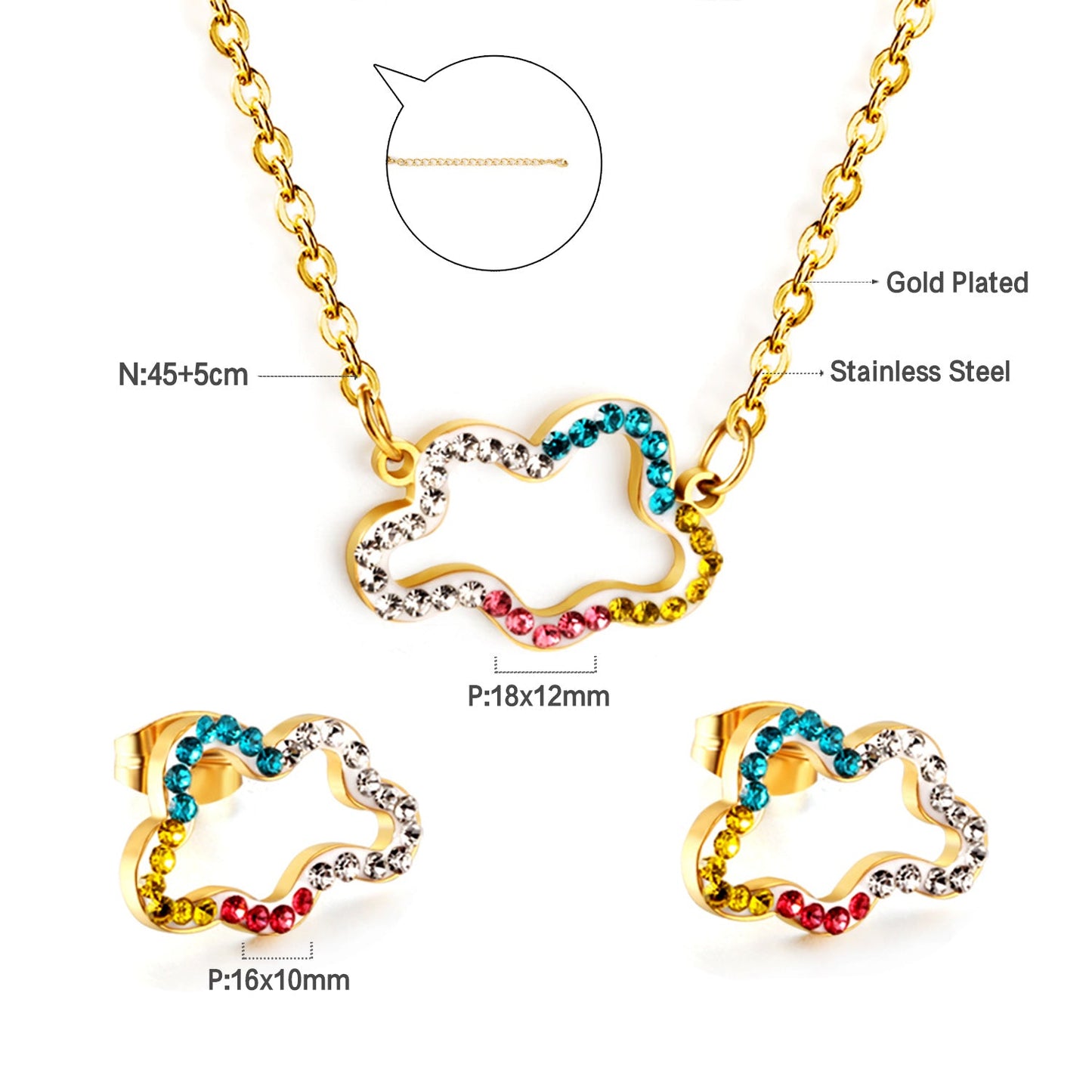 Stainless Steel Mixed Color Diamond Hollow Cloud Jewelry Set