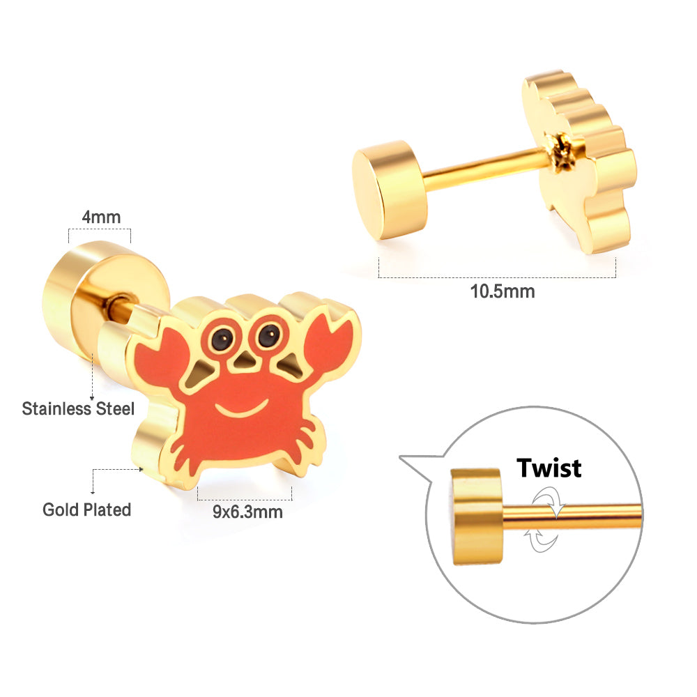 Stainless Steel 18k Gold Plated Crab Spiral Stud Hypoallergenic Kids enamel Girls Earrings