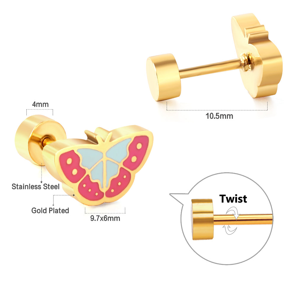 Stainless Steel Plug Mixed Color Butterfly Stud Enamel Girls Kids Earrings