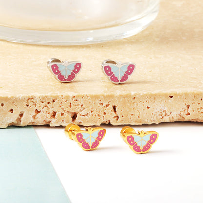 Stainless Steel Plug Mixed Color Butterfly Stud Enamel Girls Kids Earrings