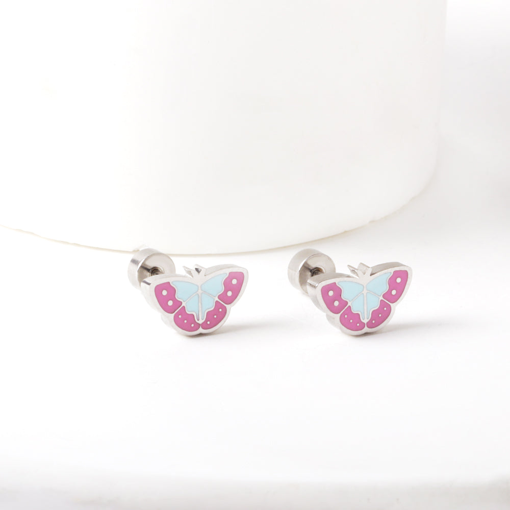 Stainless Steel Plug Mixed Color Butterfly Stud Enamel Girls Kids Earrings