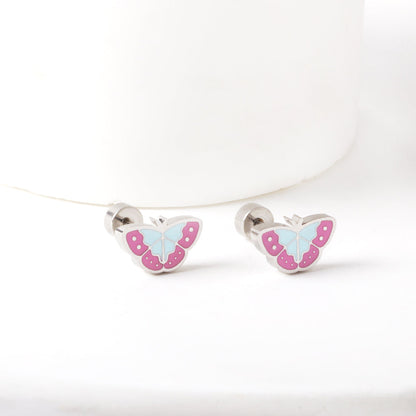 Stainless Steel Plug Mixed Color Butterfly Stud Enamel Girls Kids Earrings