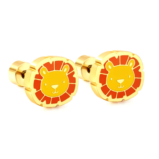Stainless Steel 18k Gold Plated Lion Spiral Stud Enamel Girls Kids Earrings