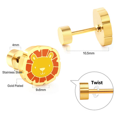 Stainless Steel 18k Gold Plated Lion Spiral Stud Enamel Girls Kids Earrings