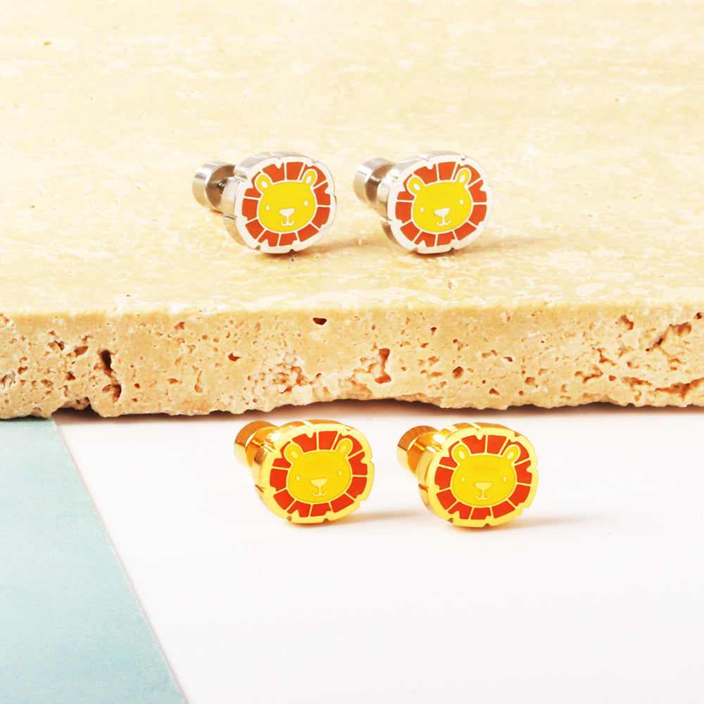 Stainless Steel 18k Gold Plated Lion Spiral Stud Enamel Girls Kids Earrings