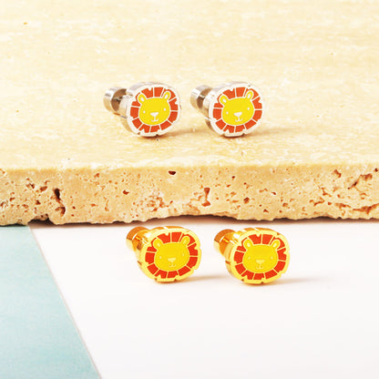 Stainless Steel 18k Gold Plated Lion Spiral Stud Enamel Girls Kids Earrings