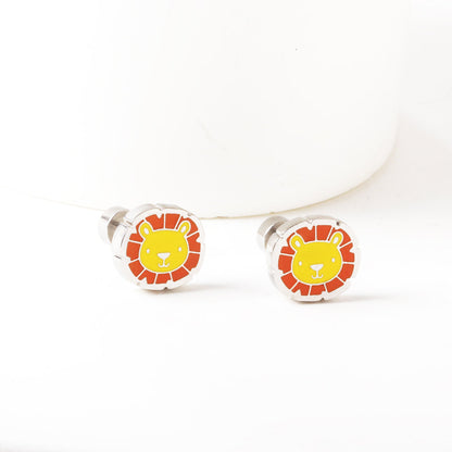 Stainless Steel 18k Gold Plated Lion Spiral Stud Enamel Girls Kids Earrings
