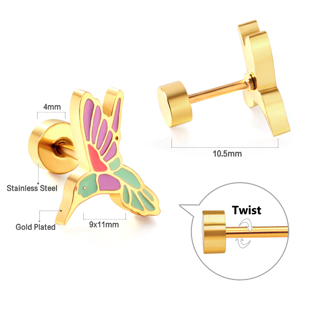 Stainless Steel Plug Mixed Color Woodpecker Stud Enamel Girls Kids Earrings