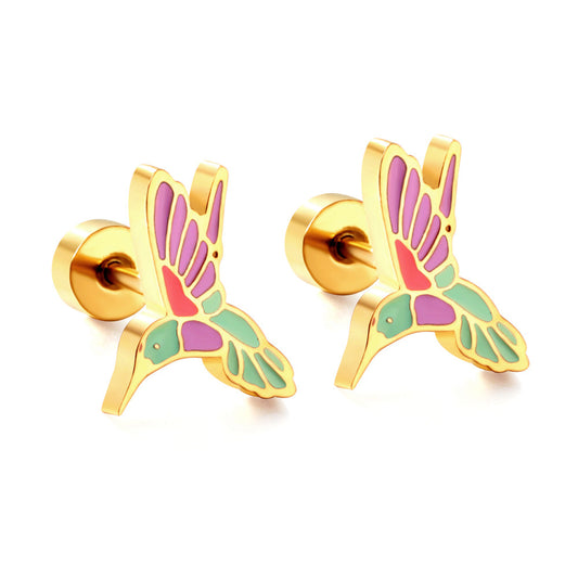 Stainless Steel Plug Mixed Color Woodpecker Stud Enamel Girls Kids Earrings