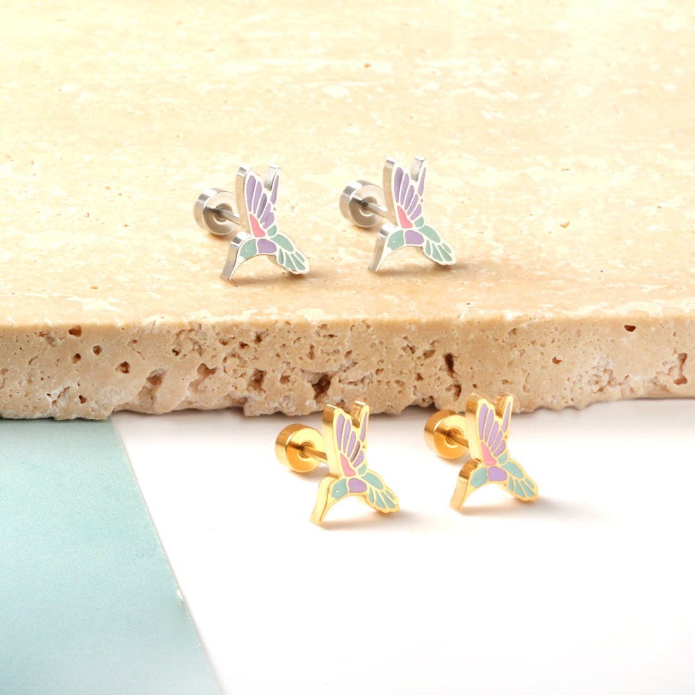 Stainless Steel Plug Mixed Color Woodpecker Stud Enamel Girls Kids Earrings