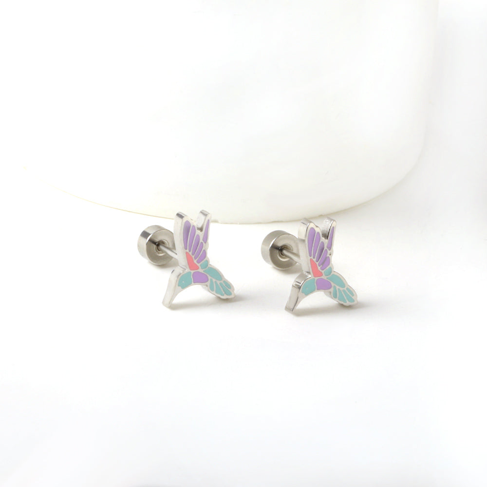 Stainless Steel Plug Mixed Color Woodpecker Stud Enamel Girls Kids Earrings