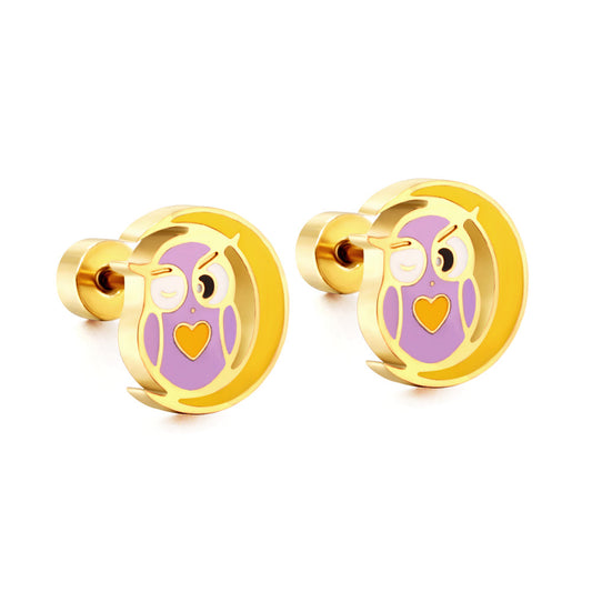 Hypoallergenic Stainless Steel Owl Spiral Stud enamel kids Earrings girls jewelry