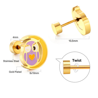 Hypoallergenic Stainless Steel Owl Spiral Stud enamel kids Earrings girls jewelry