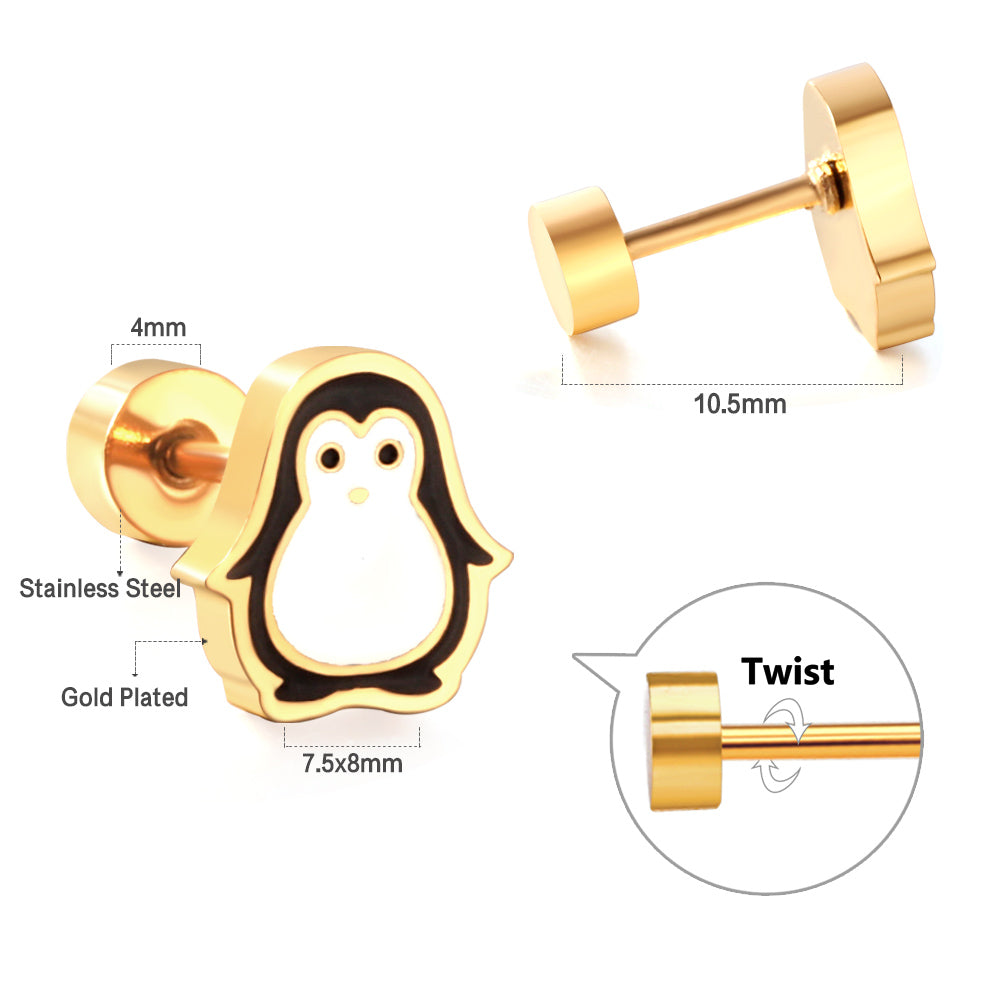 Stainless Steel Plug Mixed Color Penguin Stud Enamel Girls Kids Earrings