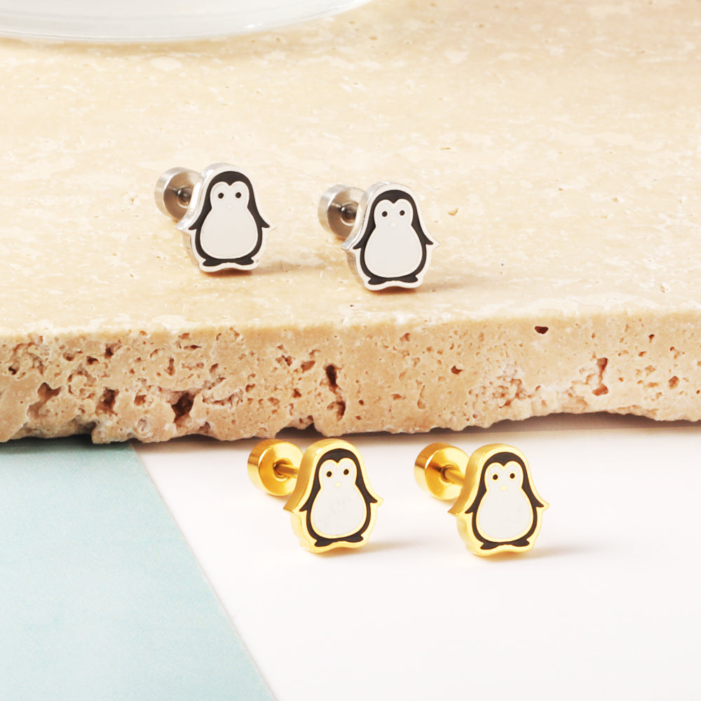 Stainless Steel Plug Mixed Color Penguin Stud Enamel Girls Kids Earrings