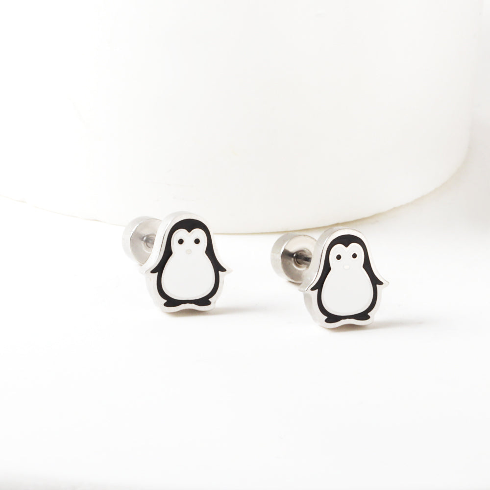 Stainless Steel Plug Mixed Color Penguin Stud Enamel Girls Kids Earrings