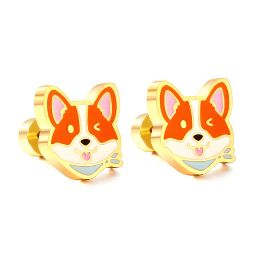 Stainless Steel Plug Mixed Color Dog Head Stud Enamel Girls Kids Earrings