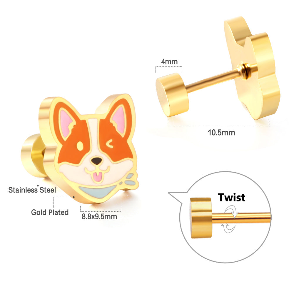 Stainless Steel Plug Mixed Color Dog Head Stud Enamel Girls Kids Earrings