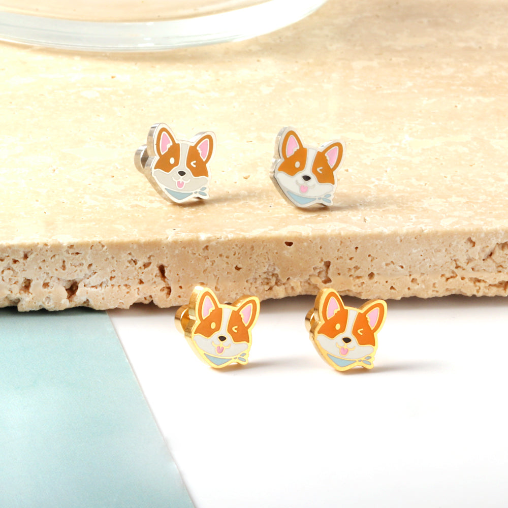 Stainless Steel Plug Mixed Color Dog Head Stud Enamel Girls Kids Earrings