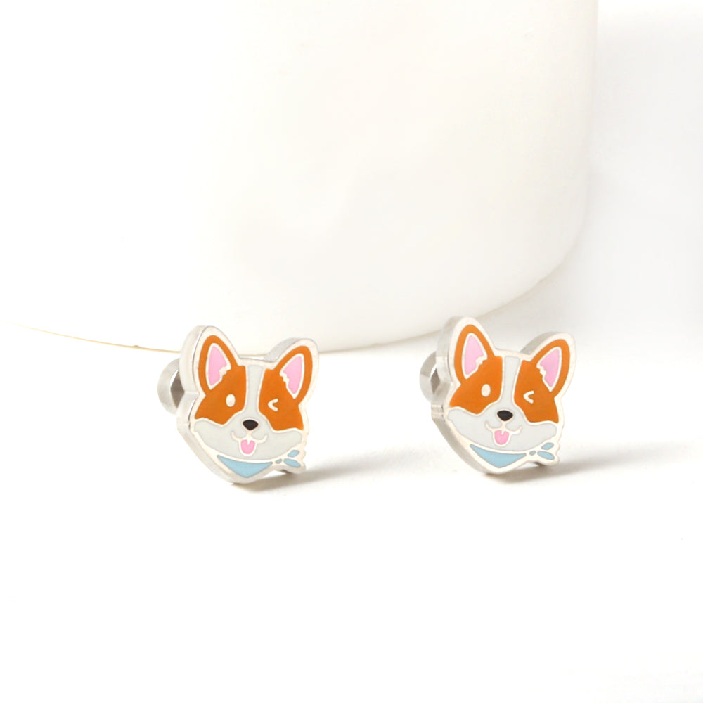 Stainless Steel Plug Mixed Color Dog Head Stud Enamel Girls Kids Earrings
