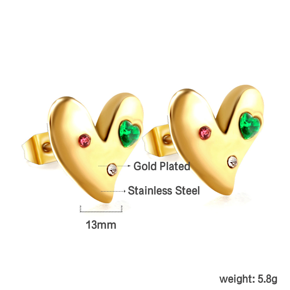 Heart with White + Rose + Green Diamonds Stud Earrings