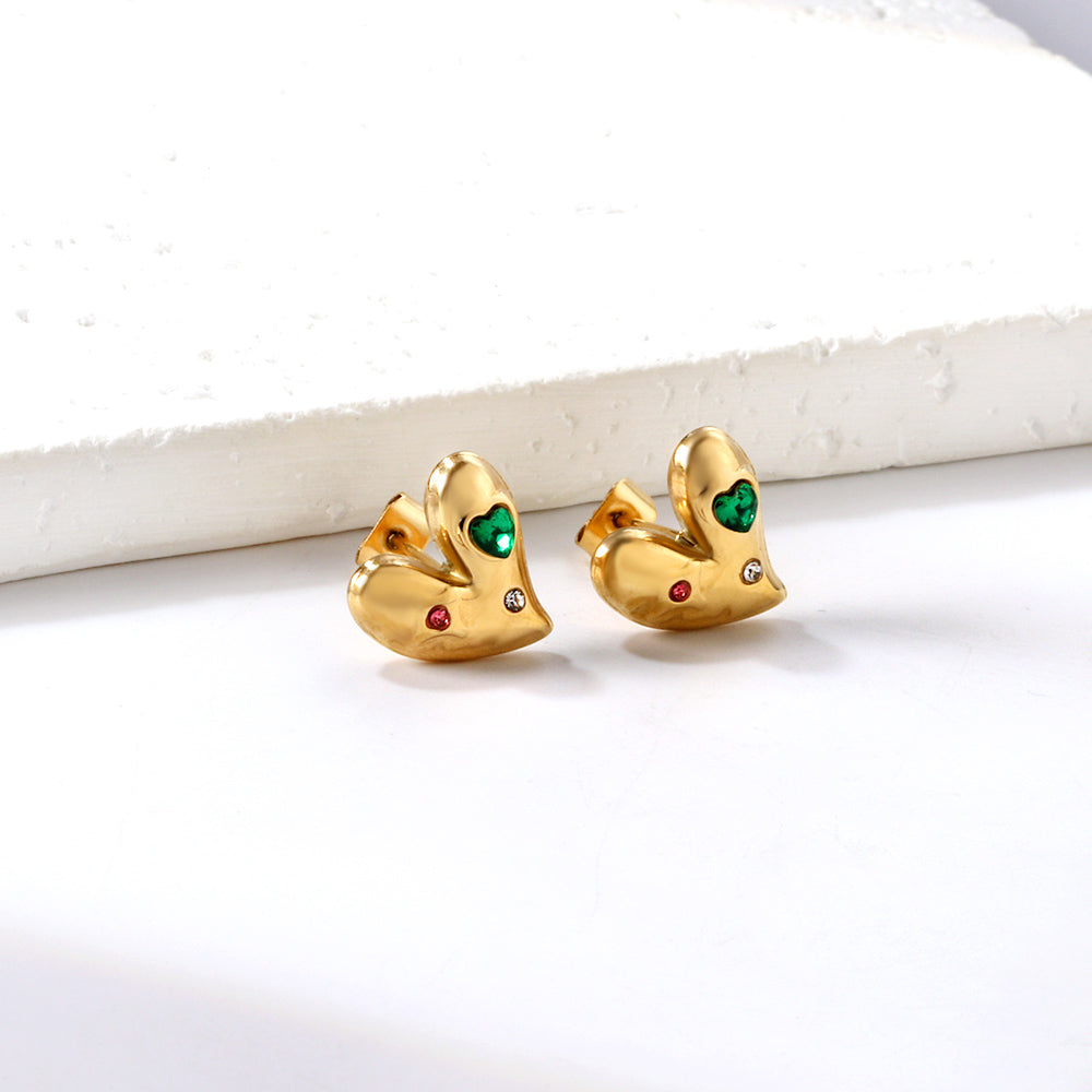 Heart with White + Rose + Green Diamonds Stud Earrings