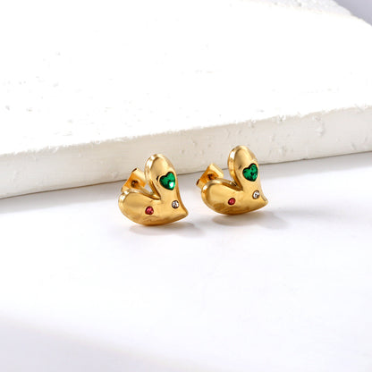 Heart with White + Rose + Green Diamonds Stud Earrings