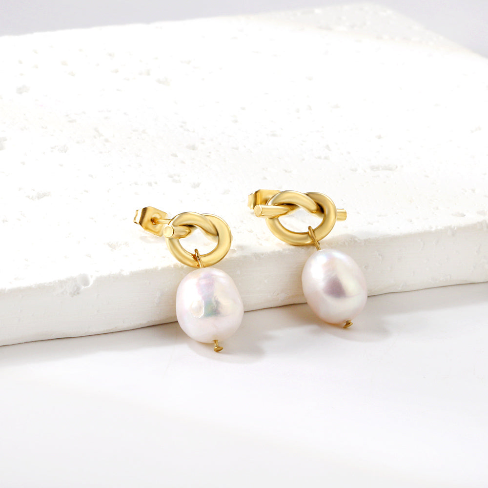 Rope Knot + White Pearl Stud Earrings
