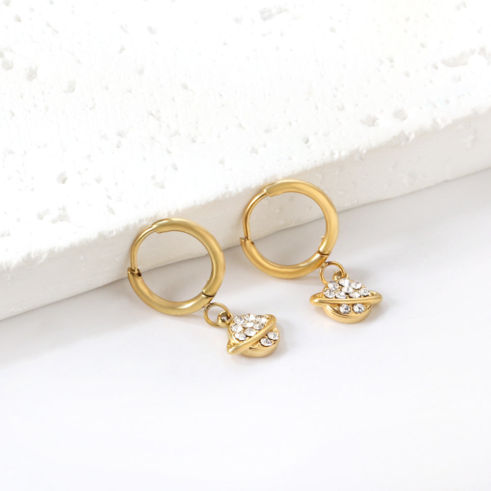 1.6x10mm Circle with Planet + Orbit White Diamond Stud Earrings