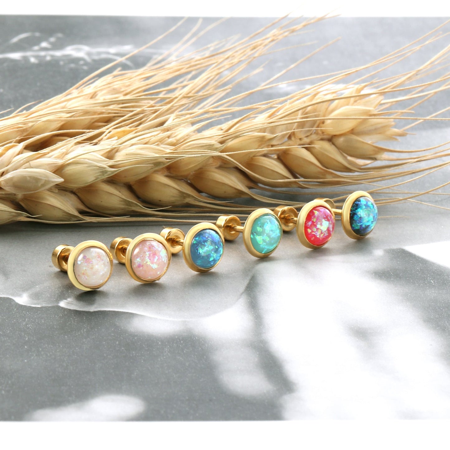 12 pairs steel/golden round crushed stone ombre screwback stud earrings