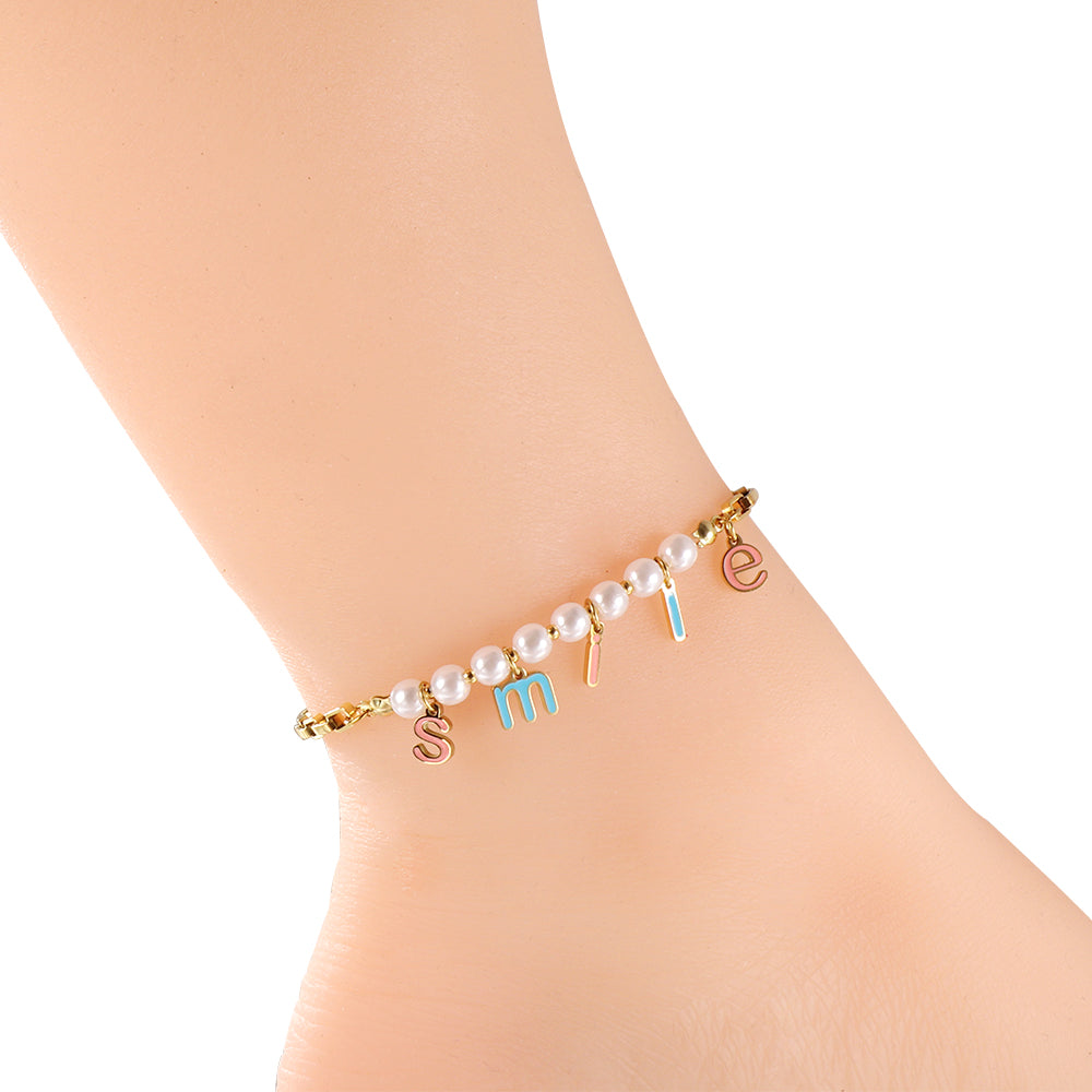 Stainless Steel SMILE Mixed Color Letter Accessories + 8 White Pearls Anklet