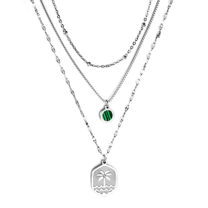 Enamel Girls Kids Jewelry Stainless Steel Hexagon Coconut Tree Wave Pattern + Diamond With Chain Round Green Shell Accessories + Chain Three Chains Necklace