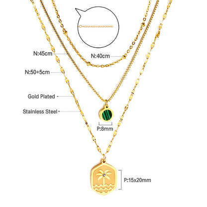 Enamel Girls Kids Jewelry Stainless Steel Hexagon Coconut Tree Wave Pattern + Diamond With Chain Round Green Shell Accessories + Chain Three Chains Necklace