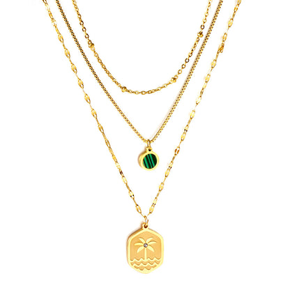 Enamel Girls Kids Jewelry Stainless Steel Hexagon Coconut Tree Wave Pattern + Diamond With Chain Round Green Shell Accessories + Chain Three Chains Necklace