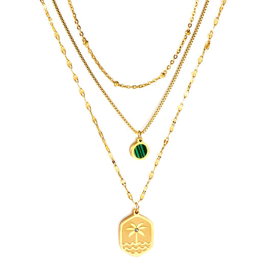 Enamel Girls Kids Jewelry Stainless Steel Hexagon Coconut Tree Wave Pattern + Diamond With Chain Round Green Shell Accessories + Chain Three Chains Necklace