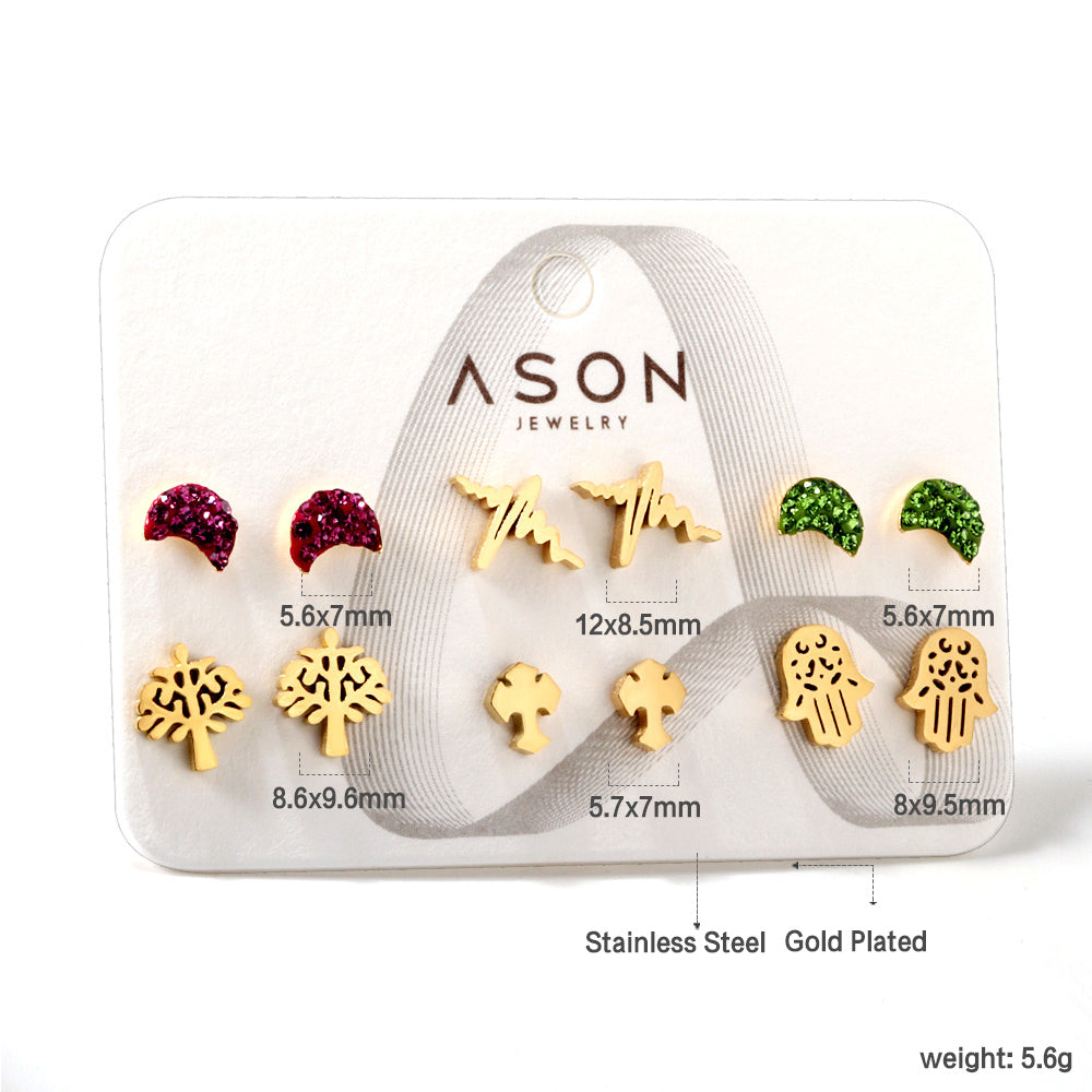 Six Pairs Mixed Snap Cut Current / Sticky White Clay Moon Stud Earrings gold color