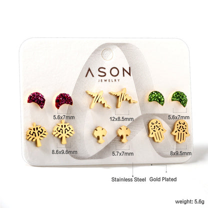Six Pairs Mixed Snap Cut Current / Sticky White Clay Moon Stud Earrings gold color