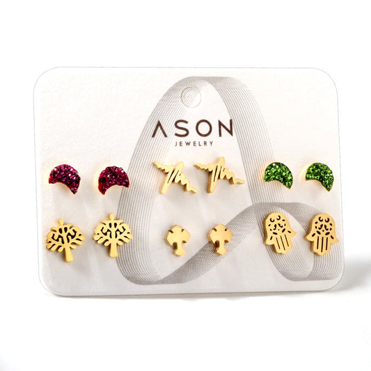 Six Pairs Mixed Snap Cut Current / Sticky White Clay Moon Stud Earrings gold color