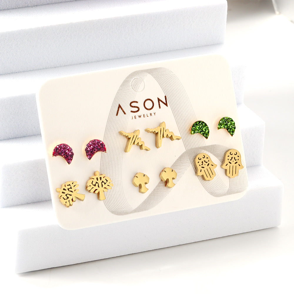 Six Pairs Mixed Snap Cut Current / Sticky White Clay Moon Stud Earrings gold color