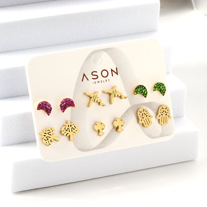Six Pairs Mixed Snap Cut Current / Sticky White Clay Moon Stud Earrings gold color